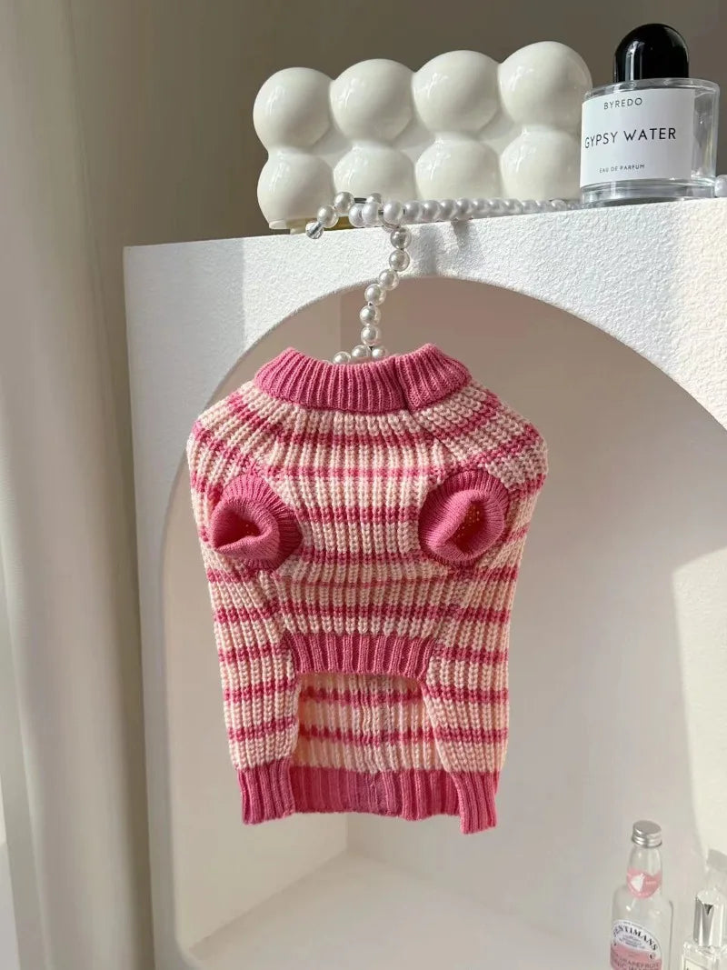 Gilet rayé en maille rose pour chien vu de face