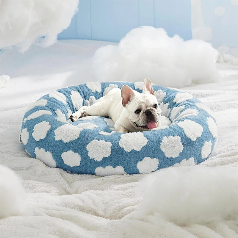 Lit apaisant motif nuages pour chien bleu et blanc taille S